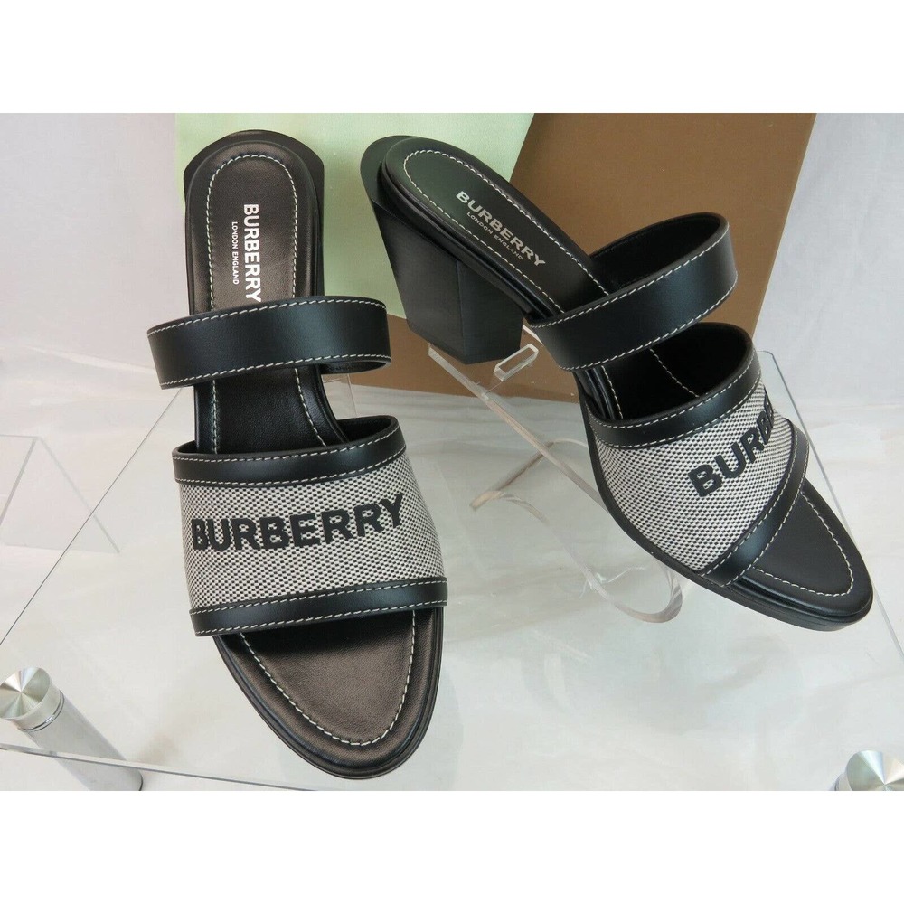 NIB BURBERRY HONOUR BLACK LEATHER LOGO SLIDE SANDALS MULE PUMPS 38 ITALY $690 - Picture 4 of 12